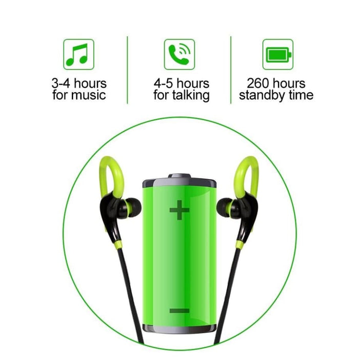 Wireless 9eight5 earphones in four colors, shown with earbuds and charging case, compatible with phones and tablets.