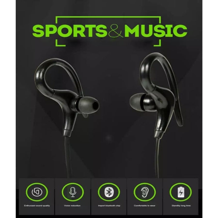 Black wireless earphones by 9eight5, compatible with phones and tablets, available in four colors.