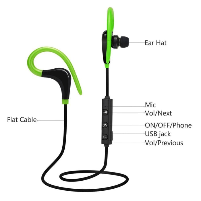 Black wireless earphones by 9eight5 with a sleek design, available in four colors, designed for phones and tablets.