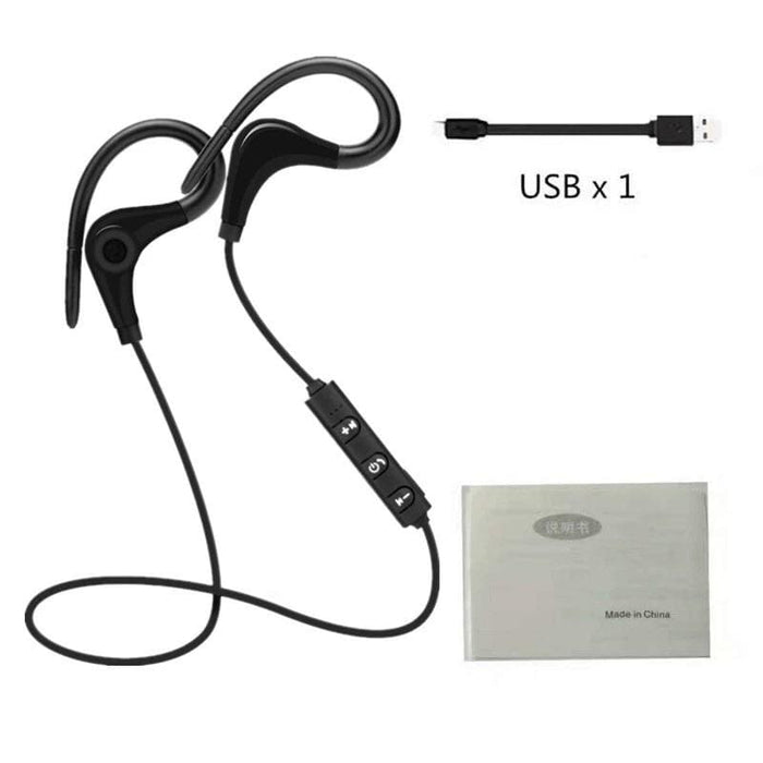 Black wireless earphones by 9eight5 with four color options, designed for phone and tablet use.