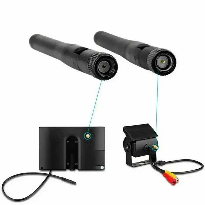 Habicare wireless reverse camera kit with 7-inch monitor, IR night vision, designed for trucks, buses, and RVs.