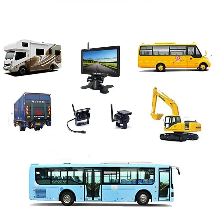 Habicare Wireless Reverse Camera Kit with 7-inch monitor, IR night vision for trucks, buses, and RVs.