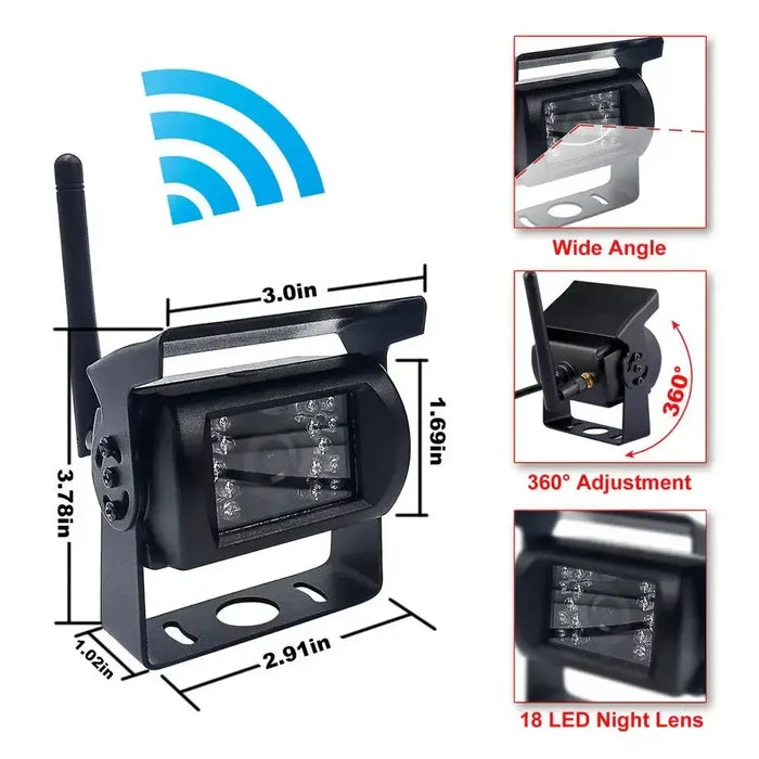 Habicare HBC wireless reverse camera kit with 7-inch monitor, suitable for trucks, buses, and RVs, featuring IR night vision.