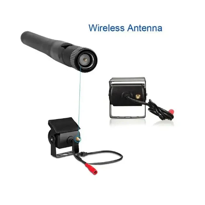 Habicare HBC wireless reverse camera kit with 7-inch monitor, IR night vision for trucks, buses, and RVs, showing camera view.