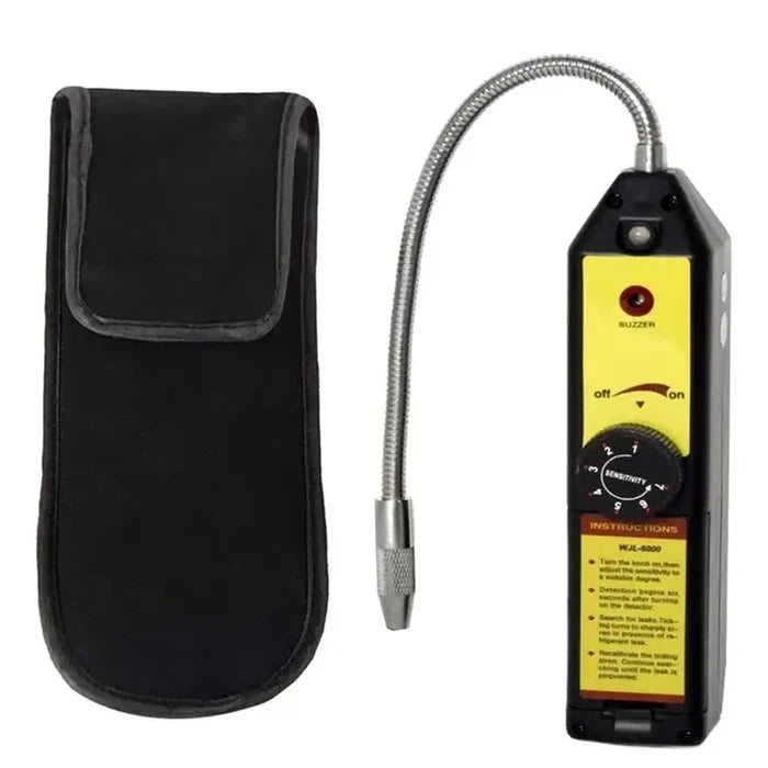Habicare WJL-6000 Freon and halogen leak detector for HVAC systems, showing the handheld gas tester device with controls.