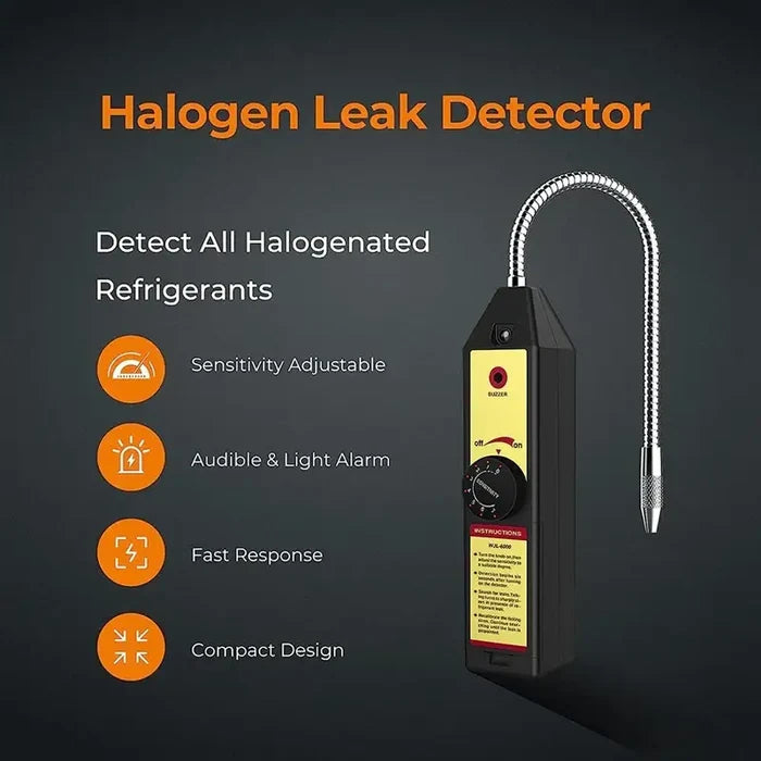 Habicare WJL-6000 Freon and halogen gas leak detector, HBC model, handheld device for HVAC leak testing, close-up view