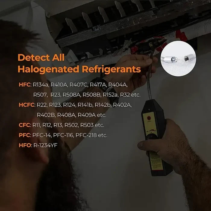 Habicare WJL-6000 Freon and halogen leak detector for HVAC systems, showing the handheld gas testing tool in use.