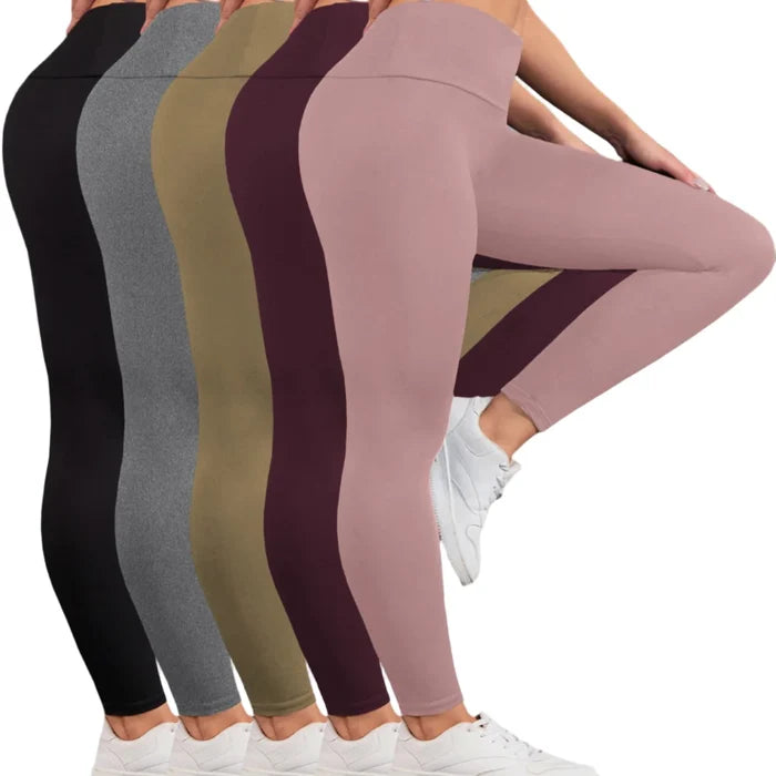 Set of five women's Habicare fleece-lined thermal leggings, high-waisted, cozy and warm for winter wear.