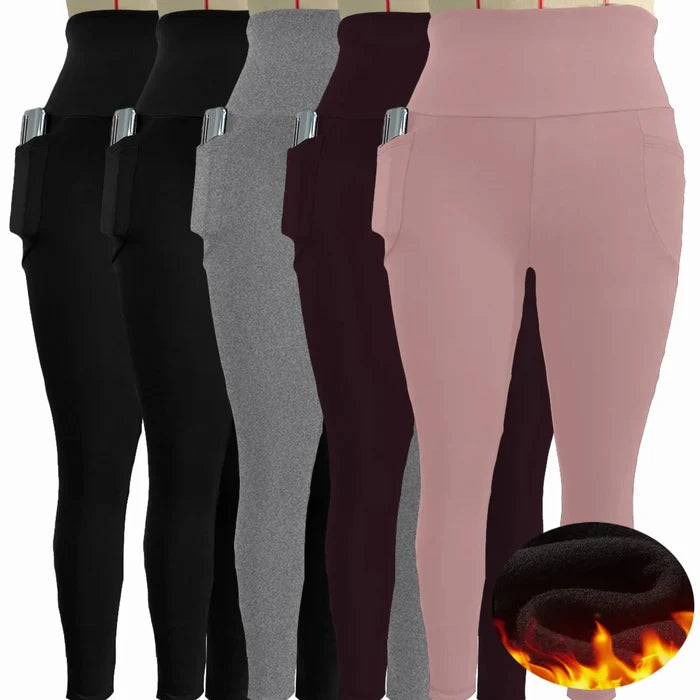 Set of five women's fleece-lined thermal leggings by Habicare, high-waisted for warmth and comfort in cold weather.