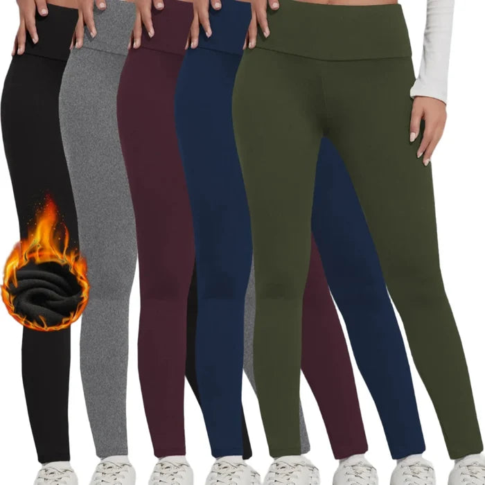 Set of five women's high-waisted fleece-lined thermal leggings by Habicare, ideal for cold weather comfort and warmth.