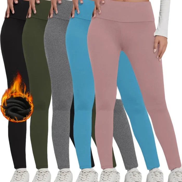 Set of five women's Habicare fleece-lined thermal leggings, high-waisted and cozy for cold weather wear.