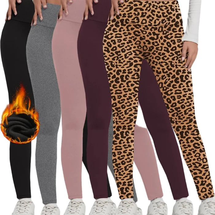 Set of five women's fleece-lined thermal leggings by Habicare, high-waisted and ideal for cold weather comfort.