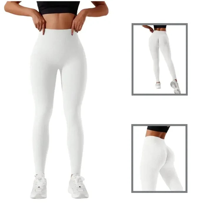 Habicare women's high-waisted seamless leggings in three colors, showing a close-up of the fit and stretch fabric.