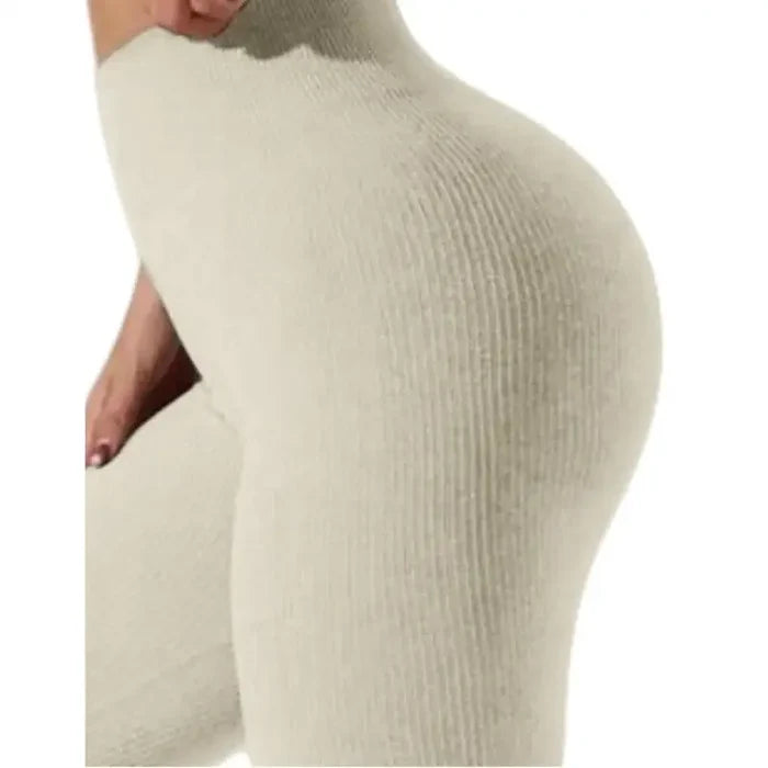 Women’s high-waisted seamless leggings in three colors, showing a close-up of the soft, stretchy fabric and fitted design by Habicare.