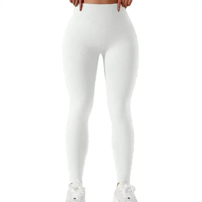 Women’s high-waisted seamless leggings by Habicare in three colors, shown in a natural stance highlighting stretch and fit.