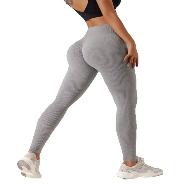 Women’s high-waisted seamless leggings by Habicare in three colors, showing a close-up of fit and fabric texture.