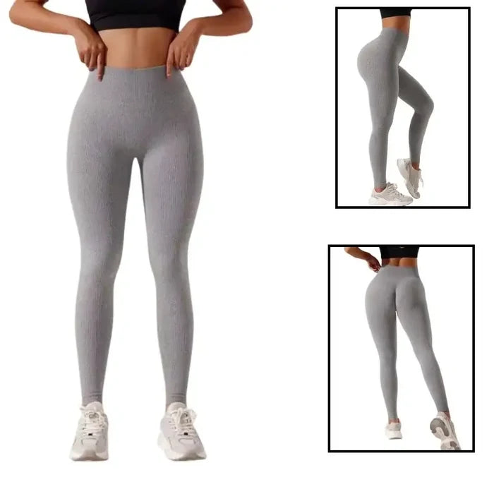 Women’s high-waisted seamless leggings by Habicare in three colors, shown in a close-up highlighting fit and fabric.