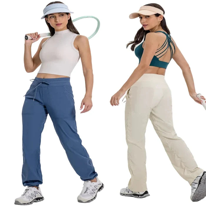 Women’s Habicare quick-drying sports pants in five shades, showing a close-up of lightweight, stretchy fabric and sporty design.