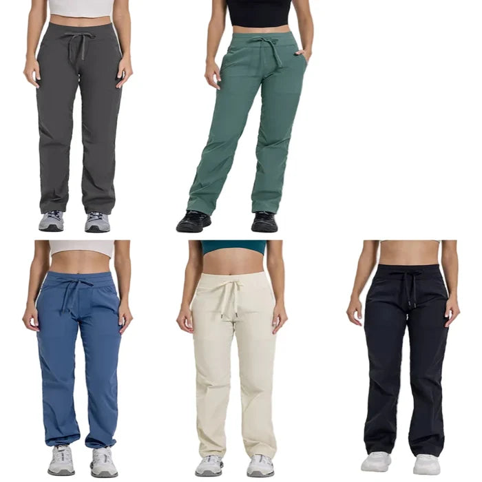 Women’s Habicare quick-drying sports pants in five shades, lightweight athletic leggings for active wear, shown in black and gray.