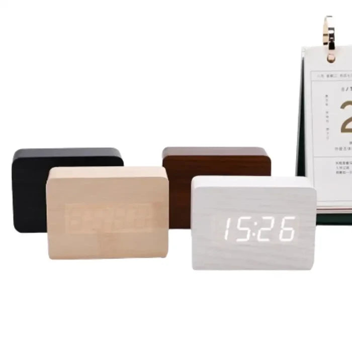 Habicare Wooden LED Digital Alarm Clock with temperature display and night light, offered in four colors.