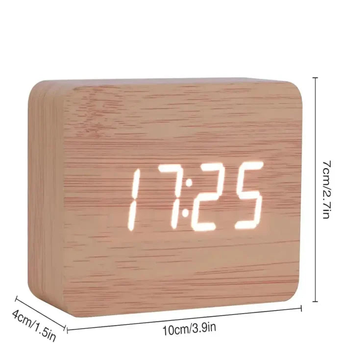 HBC Habicare wooden LED digital alarm clock with temperature display and night light, available in four colors.