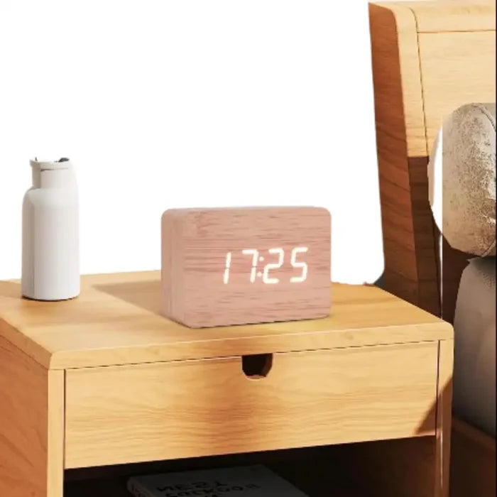 Habicare Wooden LED Digital Alarm Clock with temperature display and night light, available in four colors, modern bedside decor.