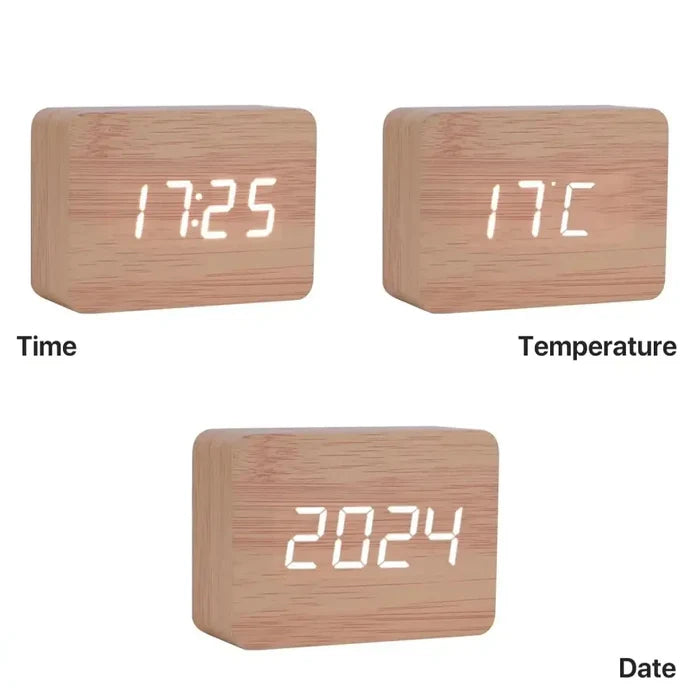Habicare HBC wooden LED digital alarm clock with temperature display, night light, and four color options.