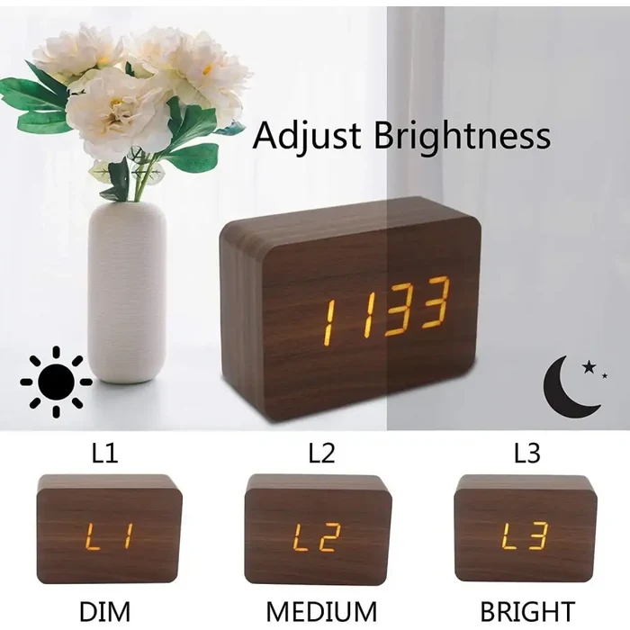 Habicare HBC wooden LED digital alarm clock with temperature display and night light in four colors, showcasing a modern, sleek design.