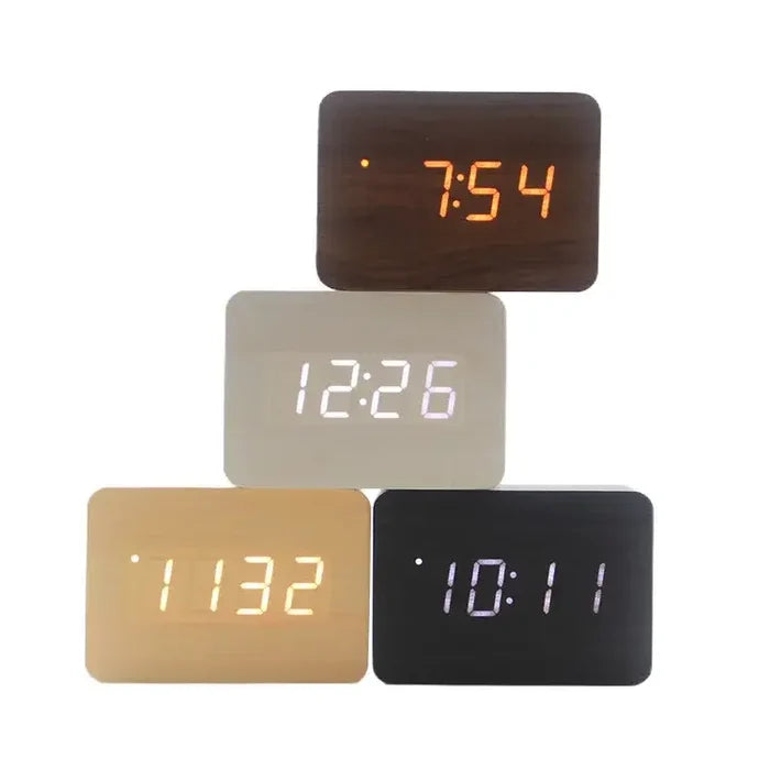 Habicare Wooden LED digital alarm clock with temperature display and night light, available in four colors.