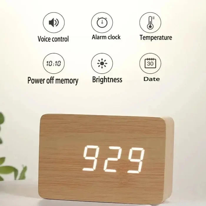 Habicare Wooden LED Digital Alarm Clock with temperature display and night light in four colors, featuring a sleek wooden design.