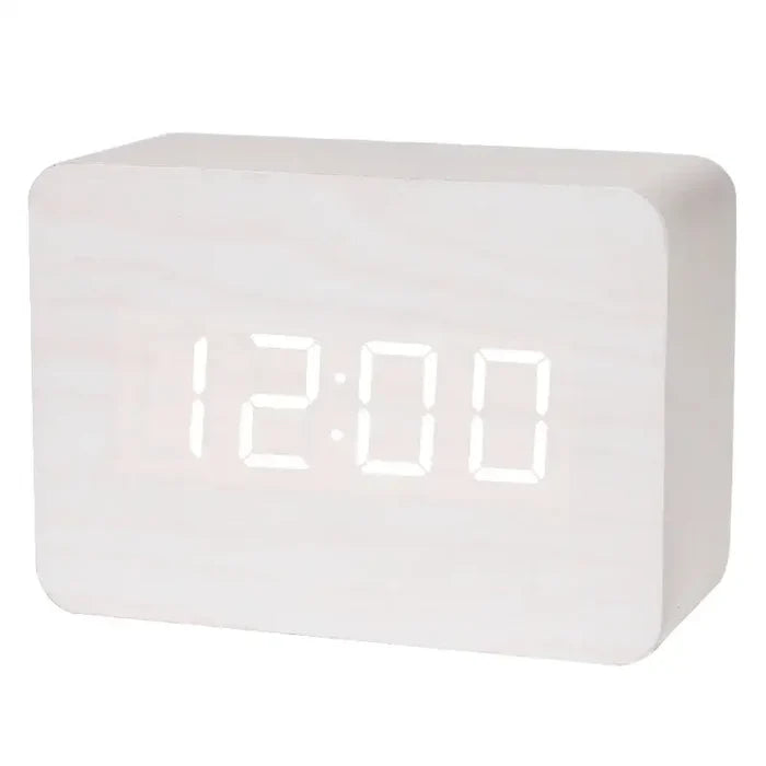 Habicare Wooden LED digital alarm clock with temperature display and night light in four colors, showcasing a modern wooden design.