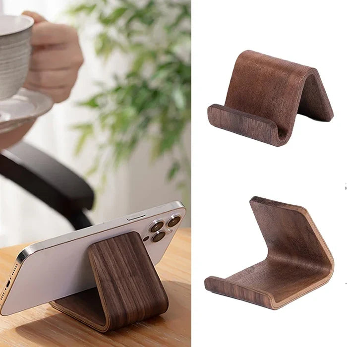 Habicare 9eight5 wooden phone and business card holder in two designs, featuring a sleek natural wood finish and compact storage.