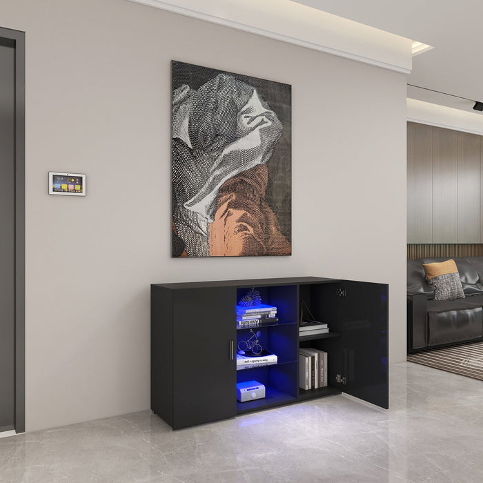 Black RGB LED lighting side stand for cabinets and bookshelves by sue-e furniture, showcasing modern design with illuminated accents.