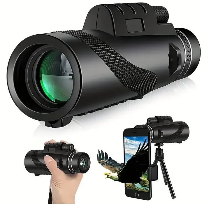 Habicare SS Zoom Monocular Telescope with Tripod and Phone Clip, compact optical device for outdoor viewing and photography.
