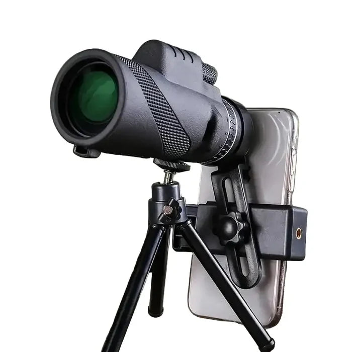 Habicare SS Zoom Monocular Telescope with tripod and phone clip for detailed outdoor viewing and photography.