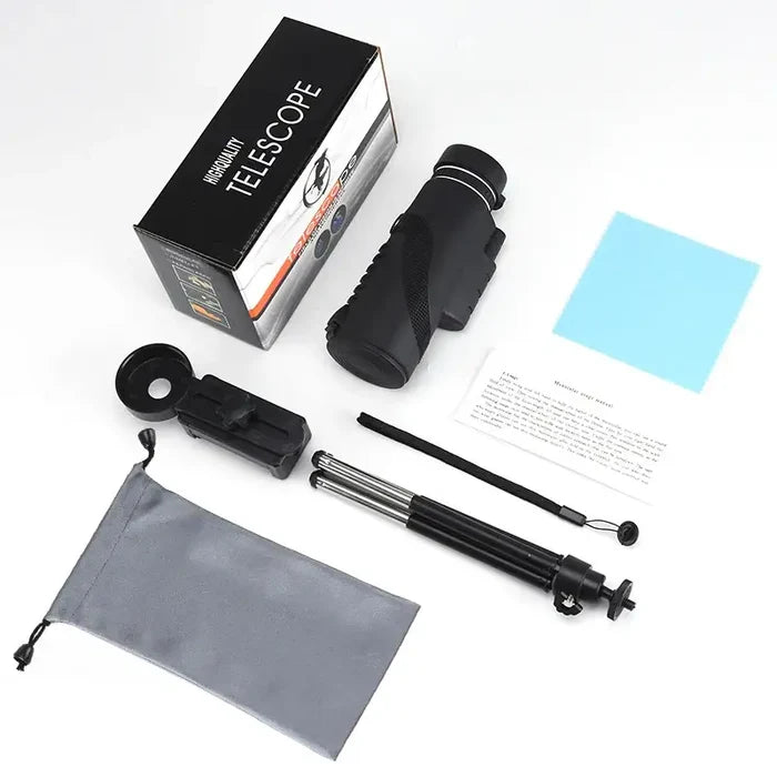 Black Habicare SS zoom monocular telescope with tripod and phone clip for outdoor viewing and photography.