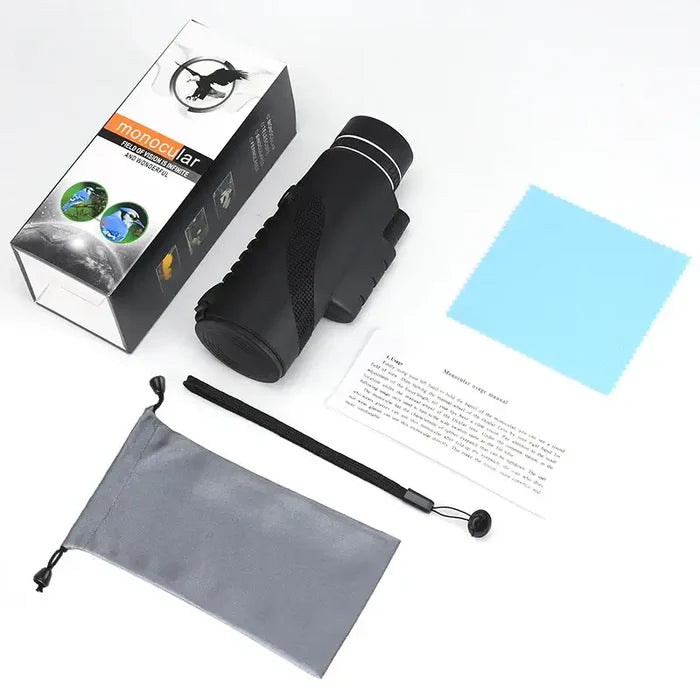 Black Habicare Zoom Monocular Telescope with tripod and phone clip, showing the compact design and adjustable zoom features.