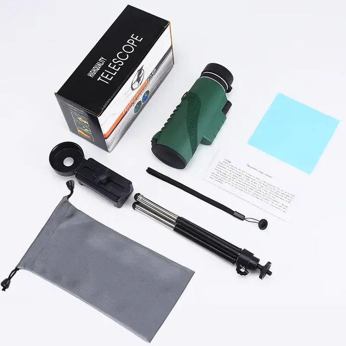 Green Habicare Zoom Monocular Telescope with tripod and phone clip, compact and portable for outdoor viewing and photography.
